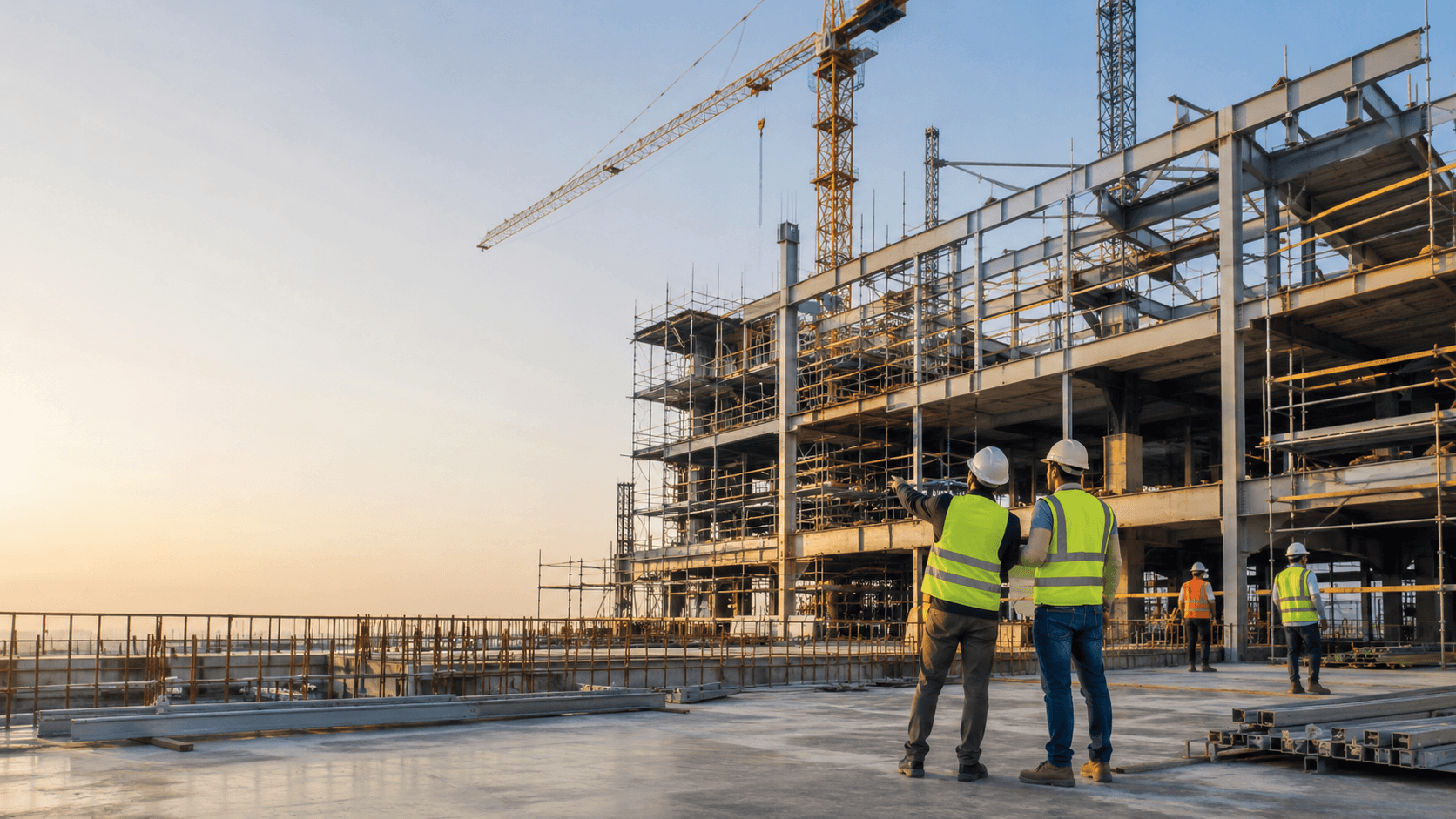 Active construction site with steel framework and crane operations