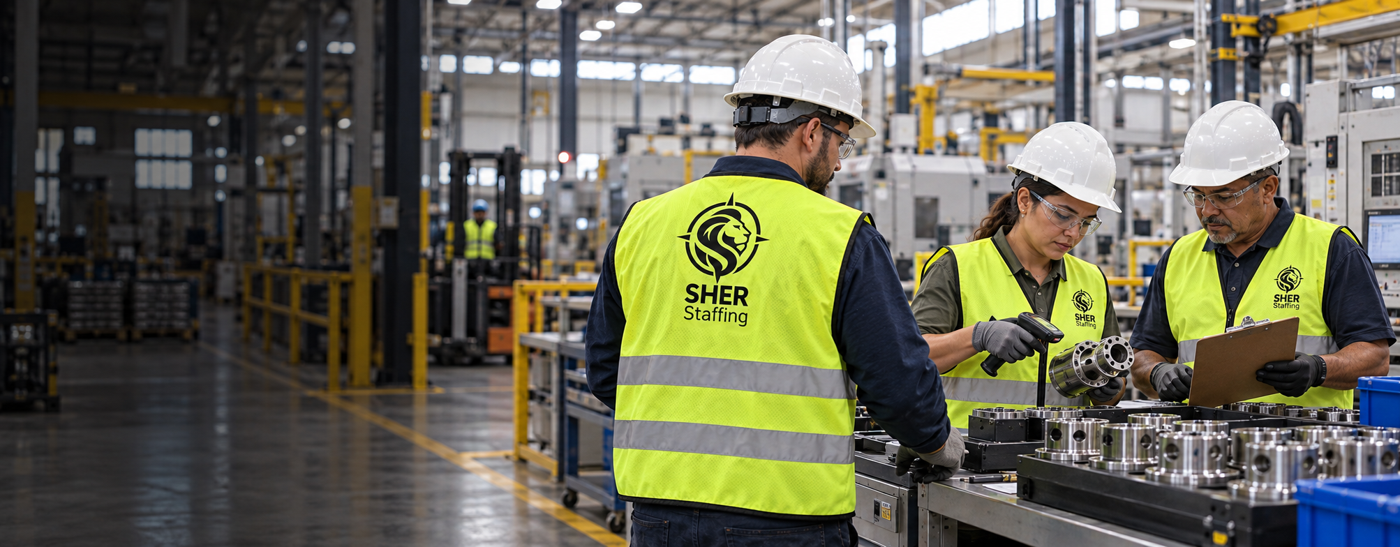 Industrial crew in Sher Staffing hard hats and safety vests coordinating over machined parts on a factory floor