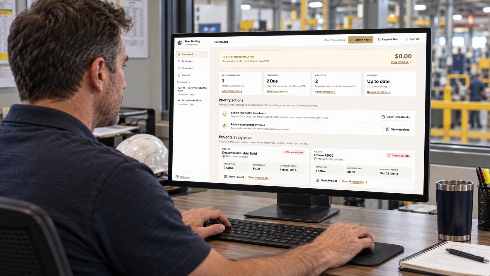 Plant supervisor reviewing the Sher Staffing Client Portal