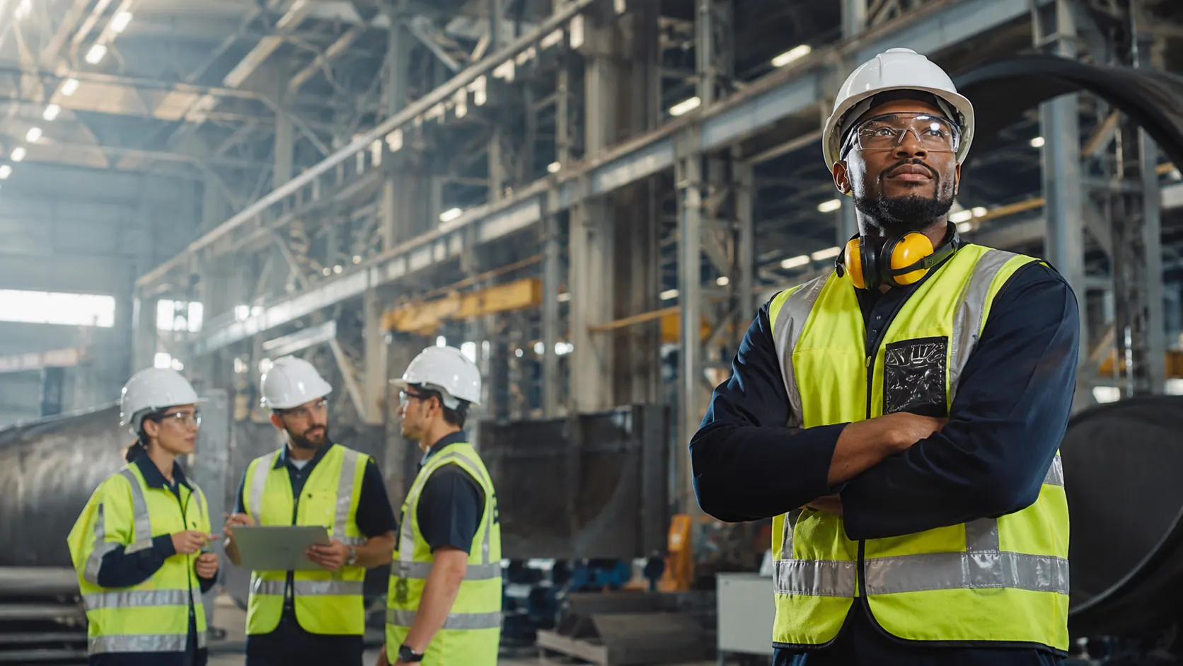 Construction and manufacturing professionals working together on an active jobsite